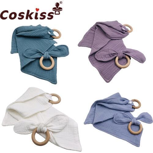 Coskiss 2Pc/Set Wooden Teether Bunny Ear Wooden Rings Baby Bib Cotton Towel For DIY Pacifier Chain New Born Baby Products