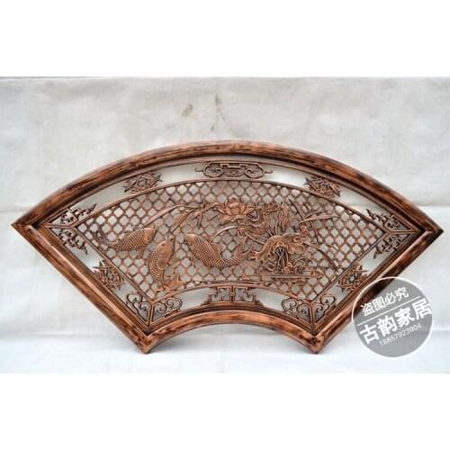 Woodcarving hanging camphor wood mahogany fan pendant hollow carved wood mural decoration living room hanging