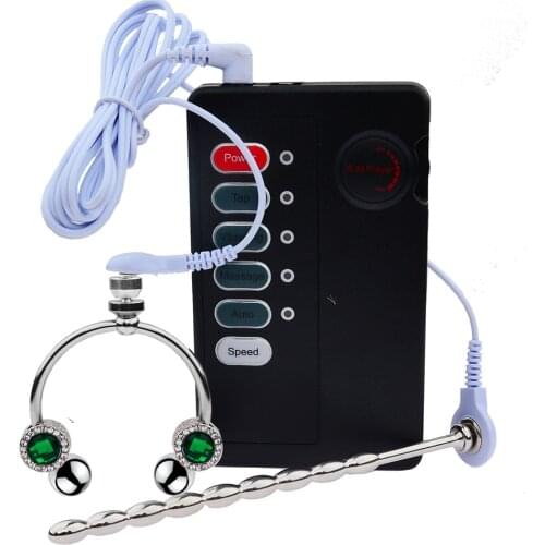 Gemstone Penis Ring Electro Shock Metal Cock Ring Urethra Plug Dilator Male Maturbation Massage Sex Toys for Men