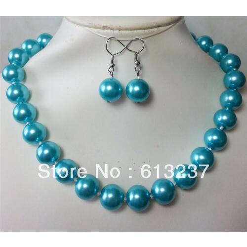 Hot sale charming 12mm blue shell simulated-pearl shell round beads chain necklaces earrings for women jewelry set 18inch GE4097