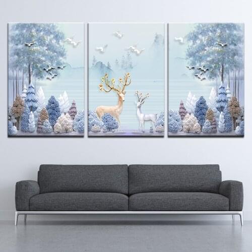 Canvas Painting Fashion European winter deer 3 Pieces Nordic Wall Art Painting Modular Wallpapers Poster Print Home Decor