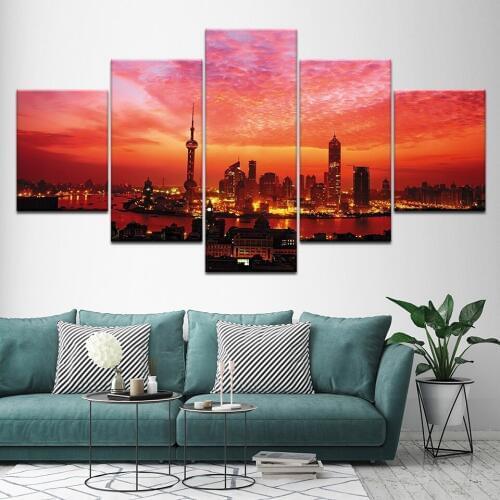 Canvas Painting Live Art Decor- Shanghai city at Night 5 Pieces Art Modular Wallpapers Poster Print for living room Home Decor