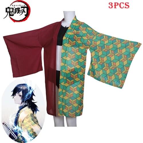 3 PCS Anime Demon Slayer Swimsuit Tomioka Giyuu Cosplay Costume Cloak Bikini Beach Swimsuit Set Summer Party Swimwear for Girls