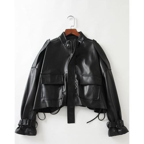 Korean Black Short Faux Leather Jacket Autumn Drawstring Lace Up Stand Collar Long Sleeve Biker Jacket Harajuku Casacos Feminino