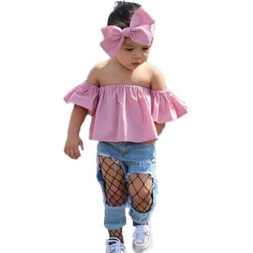 Summer Girls Pink Top Headband Hole Jeans 3 Pieces Suits Outfits Set Childrens Clothing Baby Off Shoulder T-shirts Denim Pants
