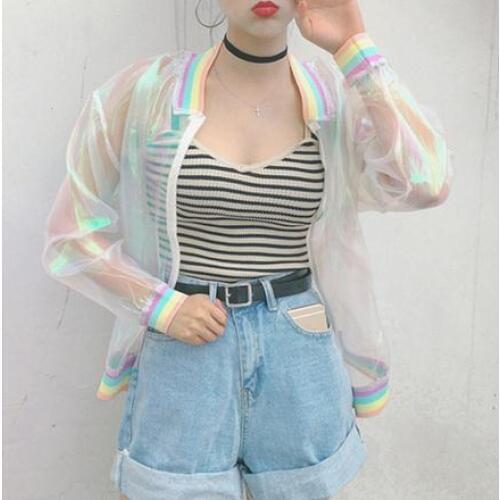 Harajuku Summer Women Jacket Laser Rainbow Women Basic Coat Clear Iridescent Transparent Bomber Jacket Sunproof