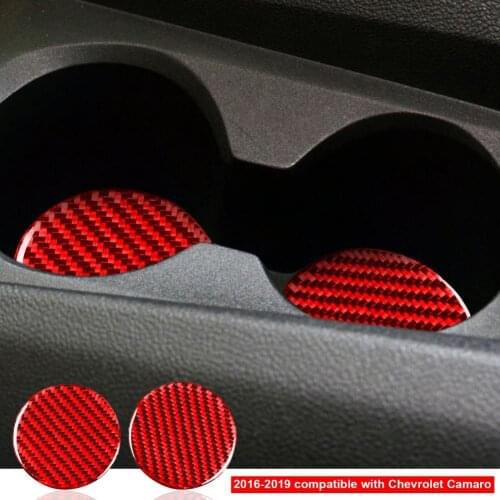2Pcs Panel Trim Sticker Scratch Resistant Carbon Fiber Red Interior Cup Holder Coaster Pad Trim for Chevrolet Camaro 2016-2019