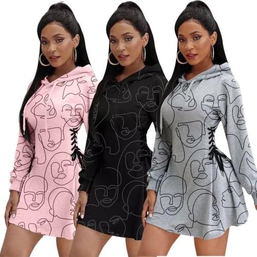 2021 Autumn Women Dress Long Lantern Sleeve Casual Hooded Sexy Sknniy Draw String Streetwear Long Sleeve Dress Women Clothing