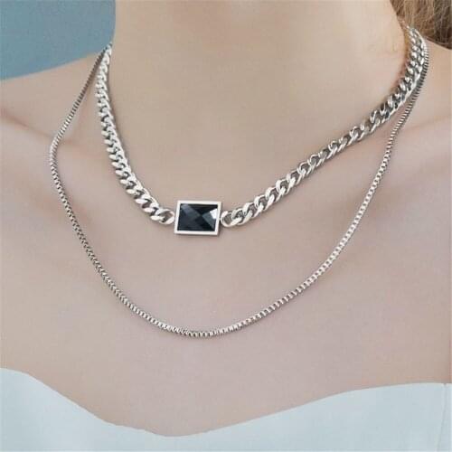 Simple Retro Style Black Stone Double-layer Necklace Female 316L Stainless Steel Female Tide Korean Stacked Necklace