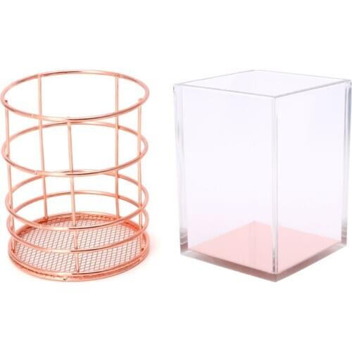 Rose Gold Metal Pen Holder Box Case Desk Stationery Office School Desk Supplies