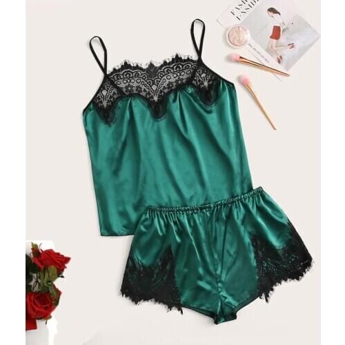 Sexy Women Satin Lace Silk Camisole Shorts Bow Set Sleepwear Pajamas Lingerie Casual Lingerie Lace Elegant Sleeveless Set