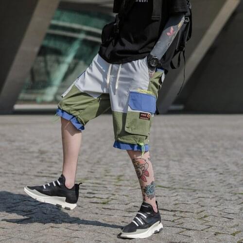 2020 New Summer Men Cargo Shorts High Street Style Harajuku Hip Hop Ribbons Knee Length Mens Casual Shorts Homme