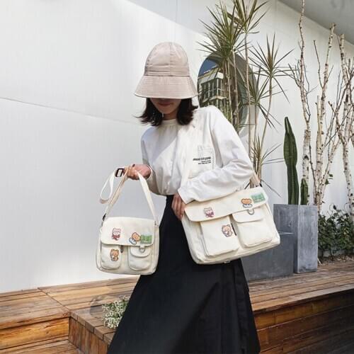 Shopping Bags Women Sweet Kawaii Printed Canvas Leisure Daily Shop Harajuku Style Shoulder Crossbody Bag New