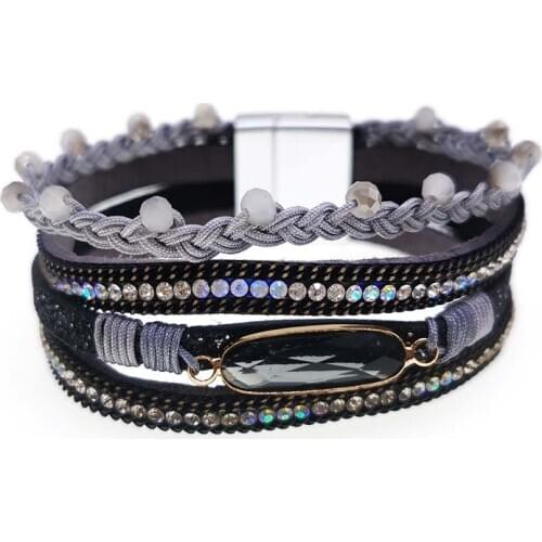 TOTABC Fashion Women Leather Bracelet Rhinestone Bar Charm Bohemian Leather Female Bracelets in 3 Colors