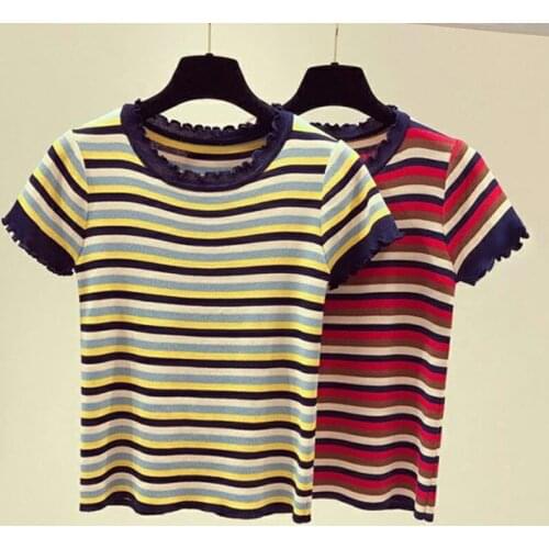 Knitted striped T-shirt 2021 spring and summer Korean fashion collar short-sleeved slim t-shirt womens shirt