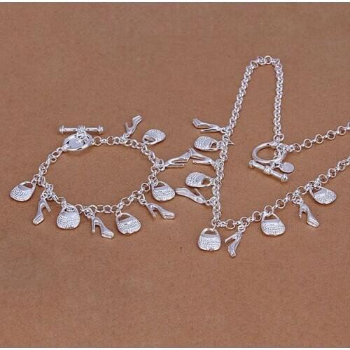 S131 925 sterling silver jewelry set, fashion jewelry set High Heels & Purse Bracelet Necklace S131 /akmajbta gaqaorxa