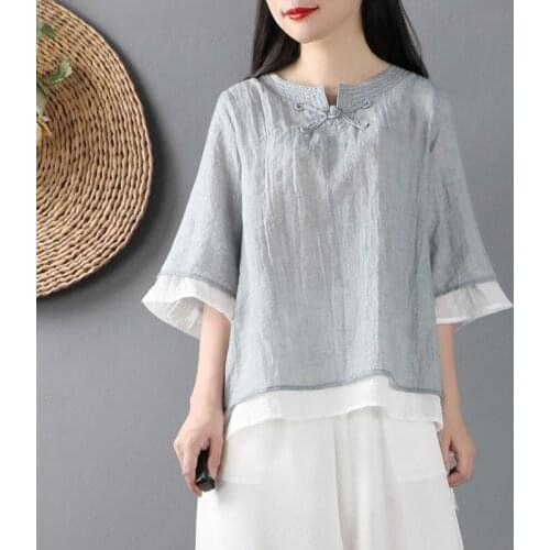 Women Linen Shirt Tops Chinese Style Vintage Retro Shirt Cheongsam Top Fairy Tai Chi Tang Suit Breathable Casual Hanfu KK3660
