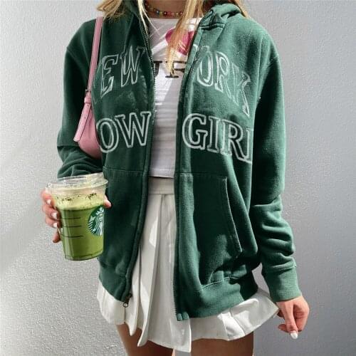 Casual Women Zipper Hoodies Jacket Green Long Sleeve Letter Print Oversized Sweatshirts With Pockets For Autumn And Winter