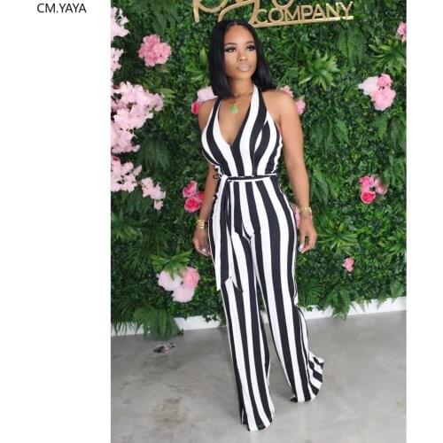 2020 Summer Women Sleeveless Jumpsuits Halter Striped Out Rompers Sashes Backless Sexy Night Club Party One Piece Outfits GL5006