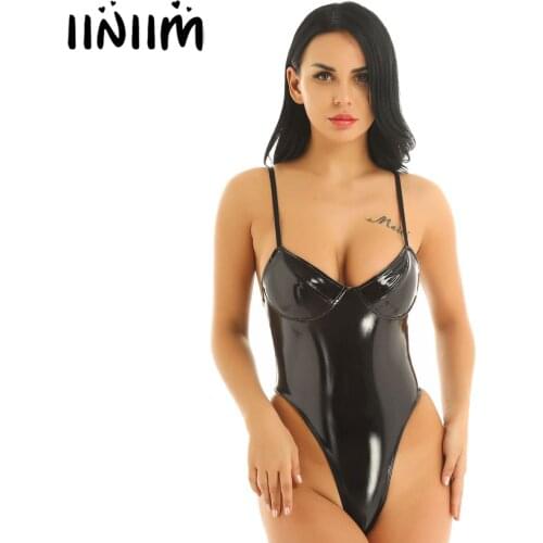 Femme Women Wetlook Patent Leather Lingerie Club Dance Spaghetti Straps Front Plunging High Cut Thong Leotard Bodysuit Nightwear