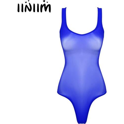 Womens Exotic Ladies Glossy Scoop Neck Sleeveless Bodysuit See-through One Peice Leotard for Lingerie Party Teddies Bodycon