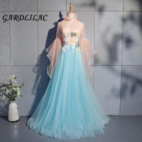 Hight Neck Long Sleeve Aqua Quinceanera Dresses 2019 Tulle Vestidos De 15 Anos Homecoming Dresses Long Prom Dresses G089