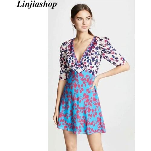 Elegant french vintage floral print chiffon dress woman v neck A line high waist short sleeve lining holiday summer mini dress