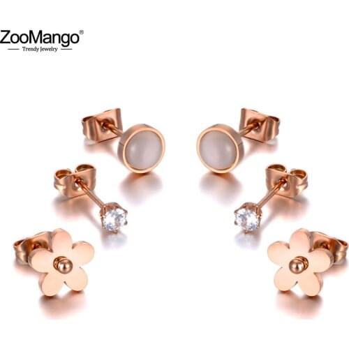 ZooMango Trendy Titanium Stainless Steel Flower Rhinestone Earrings Jewelry 3Pair/Set CZ Crystal Earrings For Women Girl ZE20039