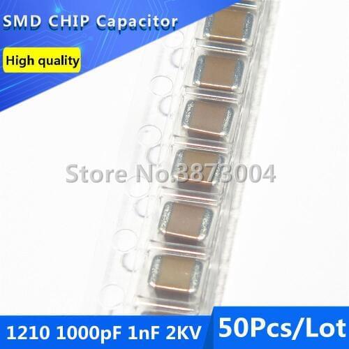 50pcs 1210 1000pF 1nF 2KV 2000V 10% Thick Film Chip Multilayer Ceramic Capacitor