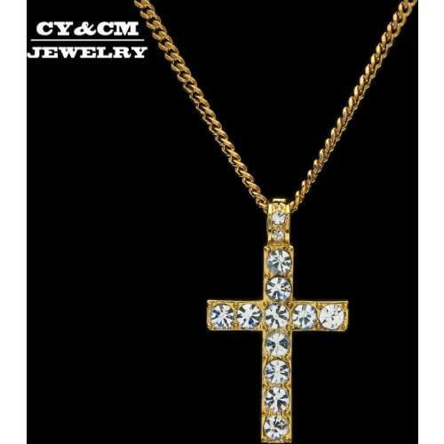 CY&CM Hip Hop Alloy Gold Color Cross Pendant Necklace Religious Iced Out Rhinestone Crucfix Necklace Jewely For Men Cuban Chain