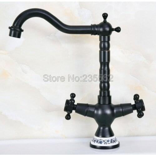 Black Oil Rubbed Bronze Swivel Spout Bathroom Mixer Tap Double Handle Vessel Sink Faucet Lnf644