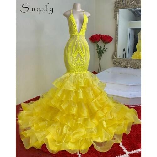Long Elegant Prom Dresses 2021 Halter Mermaid Style Yellow Sequin with Ruffles Organza African Black Girls Prom Gala Gowns