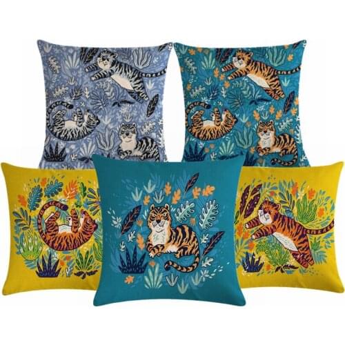 Home Decor Yellow Pillow Animal Tiger Pillowcases Sofa Cushions Green Black Cushion Cover Scandinavian Style Throw Pillows 45*45