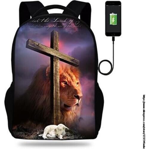 Jesus Christ christian Cross Lion Print Backpack Teenager Boys Kids USB Charger School Bag Students Children Mochila For Women