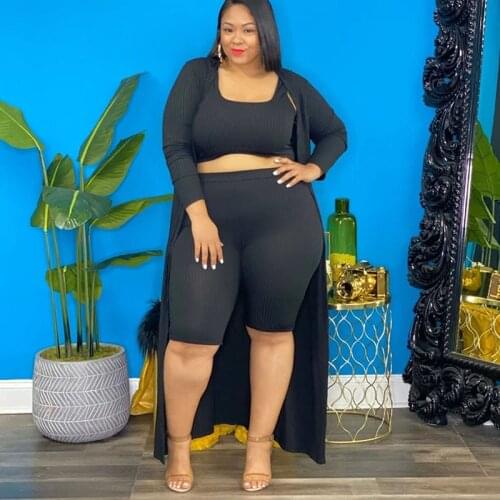 Three Pieces Set for Women Ribbed Clothing Vest Tops and Shorts Long Sleeve Coat Fall Casual Knitted Plus Size Sets Wholesale