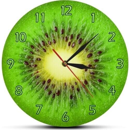 Summer Fruit Dissected Kiwi Designed Green Wall Clock Round Fresh Slice Actinidia Berry Fruit Store Wall Decor Art Clock Watch