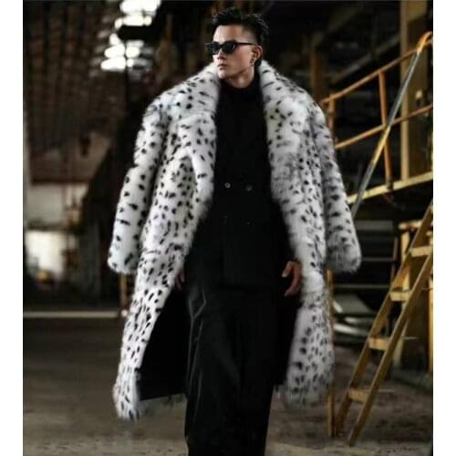 New leopard print fur integrated man coat long suit collar imitation fox fur fur fur coat trend winter warm fur jacket