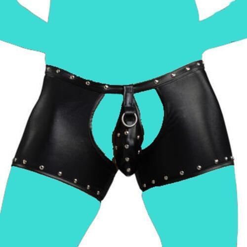 Mens Sexy PU Faux Leather Lace Up Bulge Open Crotch Short Boxer Rivet Clubwear Jockstrap Fetish Gay Wear Erotic lingerie FX38