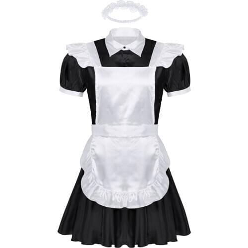 Mens Sissy Maid Cosplay Uniform Outfit French Apron Maid Servant Mini Babydoll Dress Halloween Roleplay Party Costume Homme