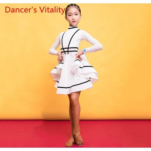 Latin Dance Profession Practice Clothes Female Childrens Long Sleeve Gress Autumn And Winter Performance Competition Clothing