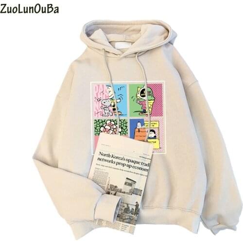 Autumn Winter Casual Women Hoodie Sweatshirt Fleece Cartoon Dog Print Pullover Long Sleeve Apricot Color Thick Loose Coat Tops