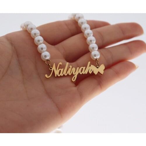 Personalized Name Pearl Necklace Butterfly Chain Choker Gold Bijoux Femme Custom Nameplate Pendant Necklaces For Girls Birthday