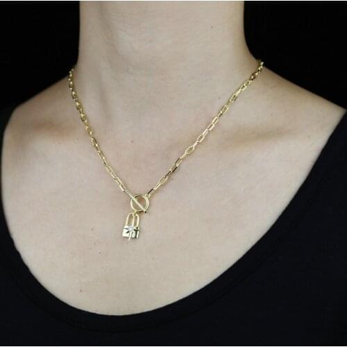 Gold Color CZ Lock Star Necklace OT Buckle Large Circle Cuban Link Locks Choker Stars Charm Necklace Women Jewelry 2020 New
