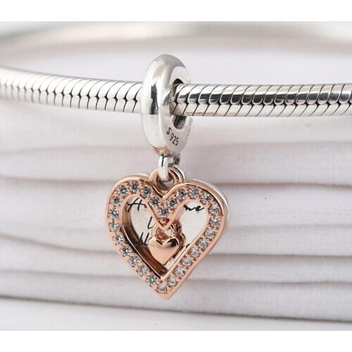 Authentic S925 Pendant Bead Rose & Clear CZ Heart Dangle Charm fit Lady Bracelet & Bangle DIY Jewelry