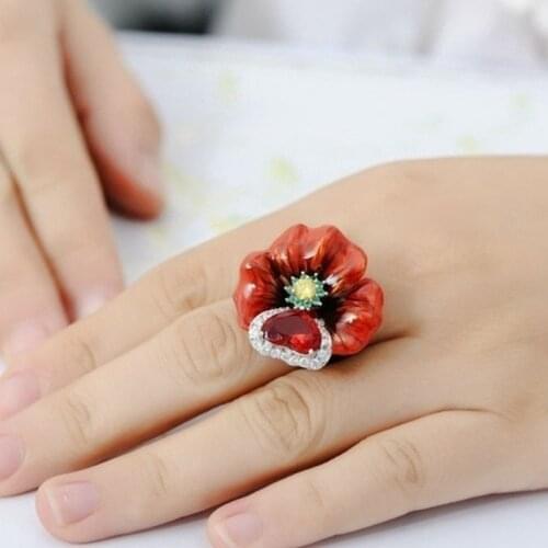 Popular Plant Flower Ring Big Heart Rings Rings Women Wedding Ring Poppy Flower with Heart Finger Jewelry