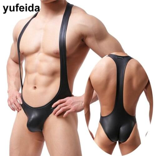 Sexy Men Underwear Jumpsuits Faux Leather Leotard One-Piece Undershirts Bodysuit Wrestling Suit Stage Clubwear Penis Pouch Brief