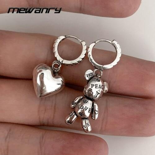 MEWANRY Prevent Allergy 925 Sterling Silver Hoop Earrings Fashion Hip Hop Vintage Little Bear LOVE Heart Party Jewelry Wholesale