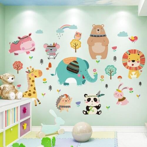 [shijuekongjian] Cartoon Animals Wall Stickers DIY Bear Giraffe Hippo Mural Decals for Kids Rooms Baby Bedroom House Decoration