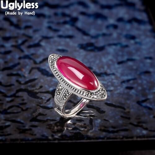Uglyless Tempting HOT PINK Oval Gemstones Rings for Women Thai Silver Party Dress Open Rings 925 Silver Corundum Fine Jewelry