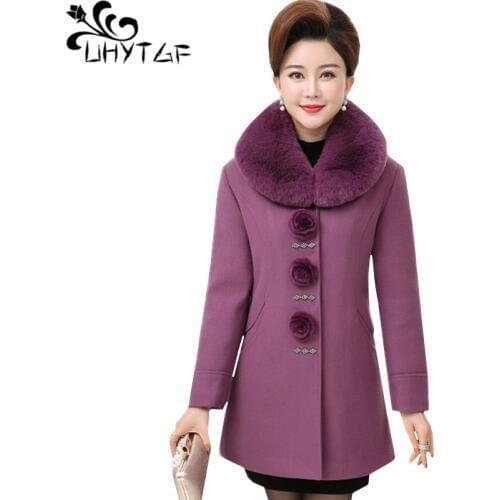 UHYTGF 5XL Plus Size jacket women fur collar Single-breasted casual autumn winter woolen coat slim wild elegant female coats1084